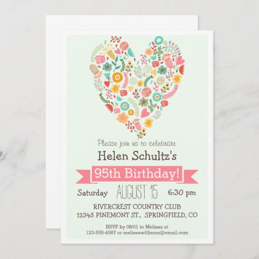 95誕生日かわいいフローラハート誕生会 招待状 (正面/裏面)