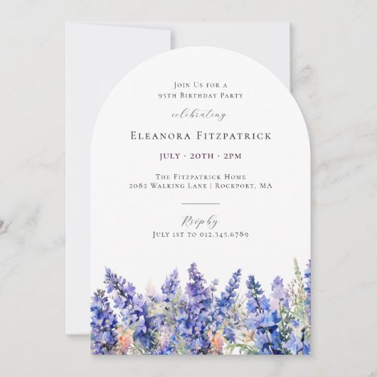 95誕生日ブルーラークスパー7月誕生フラワーアーチ 招待状 (正面)