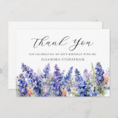 95誕生日ブルー7月誕生フラワーカスタムフラット サンキューカード (正面/裏面)
