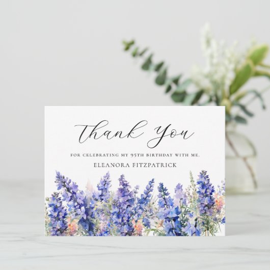 95誕生日ブルー7月誕生フラワーカスタムフラット サンキューカード (スタンド正面)
