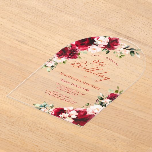 95誕生日レッドローズピンク牡丹フローラアーチ アクリル招待状 (レイダウン)