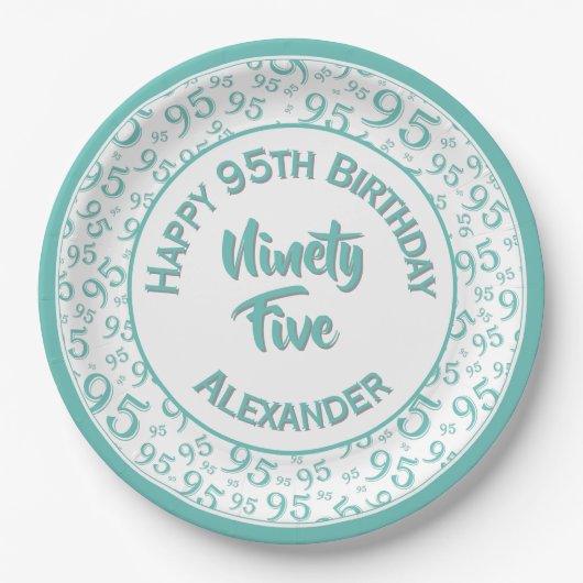 95誕生日乱数パターンティール（緑がかった色）/白 ペーパープレート (正面)