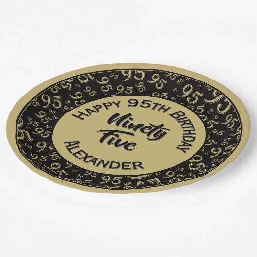 95誕生日乱数パターン金ゴールド/黒 ペーパープレート (アングル)