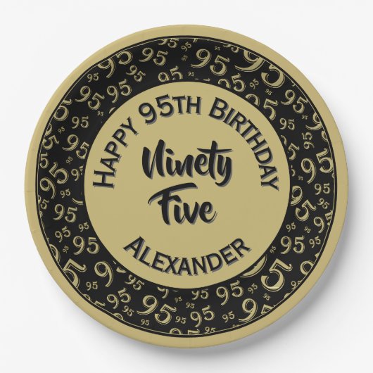 95誕生日乱数パターン金ゴールド/黒 ペーパープレート (正面)