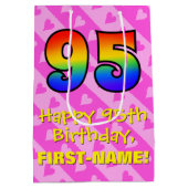 95誕生日:おもしろいピンクのハートストライプ; Rainbow 95 ミディアムペーパーバッグ (裏面)