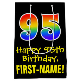 95誕生日:おもしろい、はっきりした、カラフルレインボー「95」 ミディアムペーパーバッグ