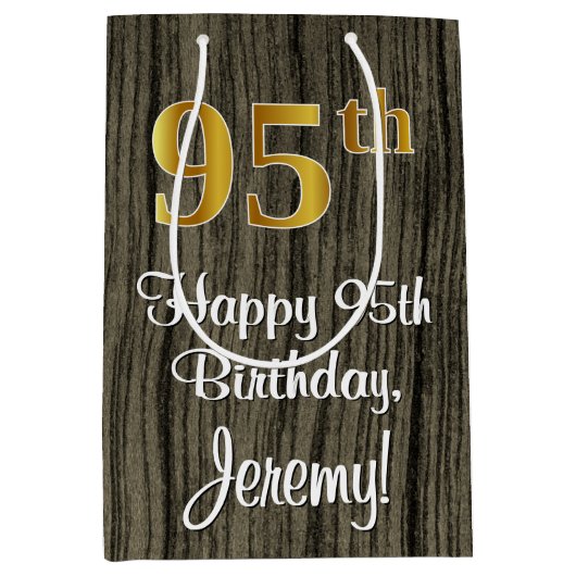 95誕生日:エレガントフェイク金ゴールドルック#,フェイク Wood ミディアムペーパーバッグ (正面)