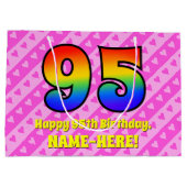 95誕生日：ピンクストライプのハート、レインボー# 95 ラージペーパーバッグ (裏面)