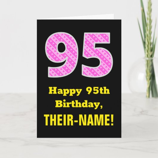 95誕生日：ピンクストライプ色のハートと"95" +名前 カード (正面)