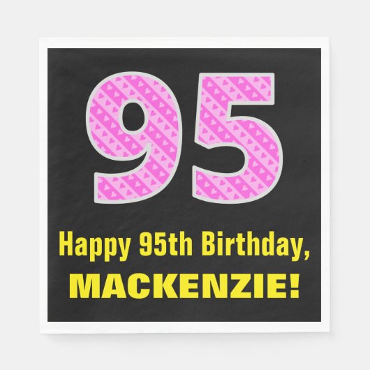 95誕生日:ピンクストライプ色のハートと"95" +名前 スタンダードランチョンナプキン (正面)