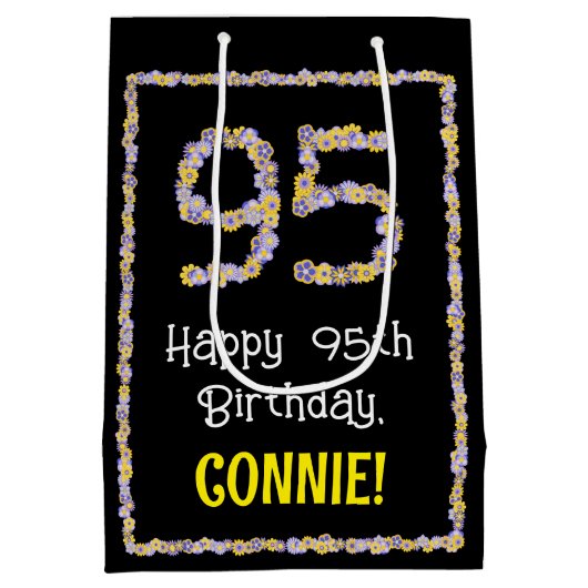 95誕生日:フローラ花数名前をカスタムする ミディアムペーパーバッグ (裏面)