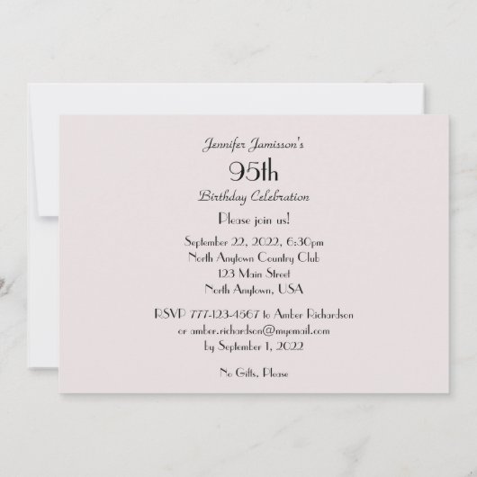 95thバースデーパーティーお祝い淡い色のピンクローズ 招待状 (裏面)