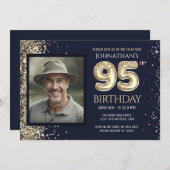 95thバースデーパーティー金ゴールドグリッターブルーフォト 招待状 (正面/裏面)