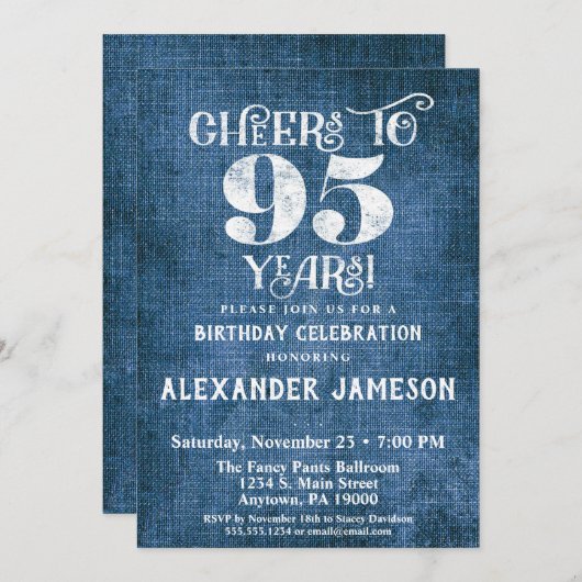 95th誕生日招待状ブルーリネン素朴応援 招待状 (正面/裏面)