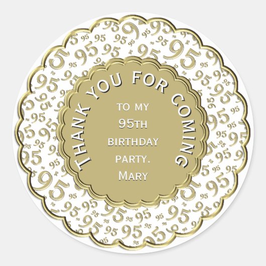 95th誕生日金ゴールドとホワイトパターン ラウンドシール (正面)