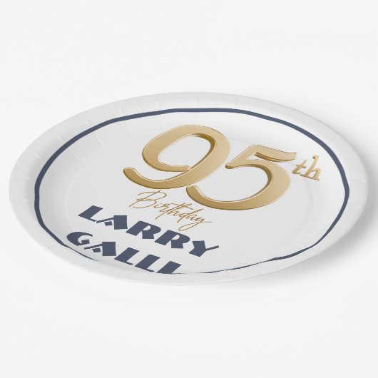 95th誕生日金ゴールドネイビーブルー名前をカスタムする ペーパープレート (アングル)