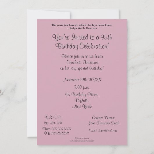 95th誕生祝いピンクローズ 招待状 (裏面)