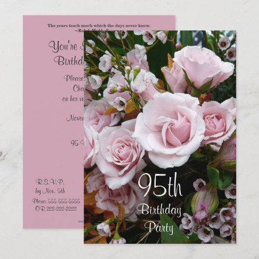 95th誕生祝いピンクローズ 招待状 (正面/裏面)