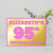 95th Birthday Party —はっきりした、おもしろい、ピンクストライプ色95 箔招待状 (立ち正面)