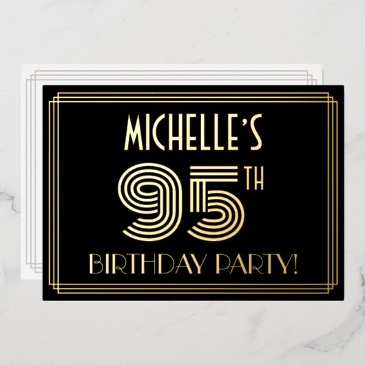 95th Birthday Party —アールデコスタイル「95」 +名前 箔招待状 (正面/裏面)