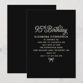 95th Birthday Party Black White Pearl Script Bow 招待状 (正面/裏面)