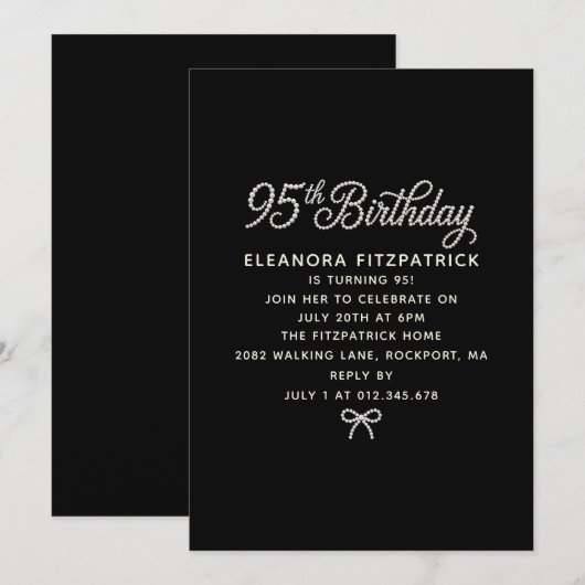 95th Birthday Party Black White Pearl Script Bow 招待状 (正面/裏面)