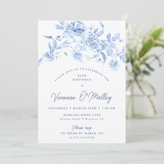 95th Birthday Party Dusty Blue Floral 招待状 (スタンド正面)