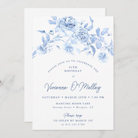 95th Birthday Party Dusty Blue Floral 招待状 (正面/裏面)