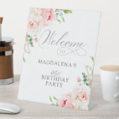 95th Birthday Party Elegant Pink Floral Welcome 台座サイン (インサイチュ)