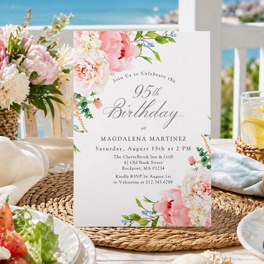 95th Birthday Party Feminine Pink Roses Floral 招待状