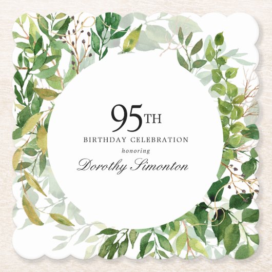 95th Birthday Party Modern Green Botanical ペーパーコースター (正面)