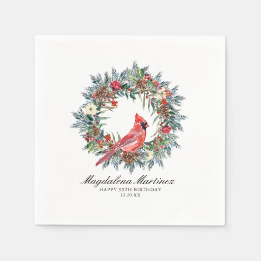 95th Birthday Red Cardinal Wreath Custom Cocktail スタンダードカクテルナプキン (正面)