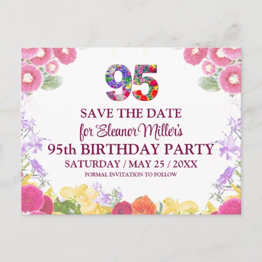 95th Birthday Save the Date, Blush Bloom Floral 95 案内ポストカード (正面)
