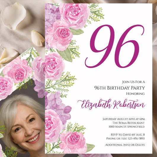 96歳の誕生日カスタムフォトテンプレート ピンクのバラ 招待状