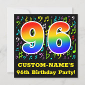 96歳の誕生日パーティー：おもしろいミュージックシンボル，レインボー96 招待状 (正面)