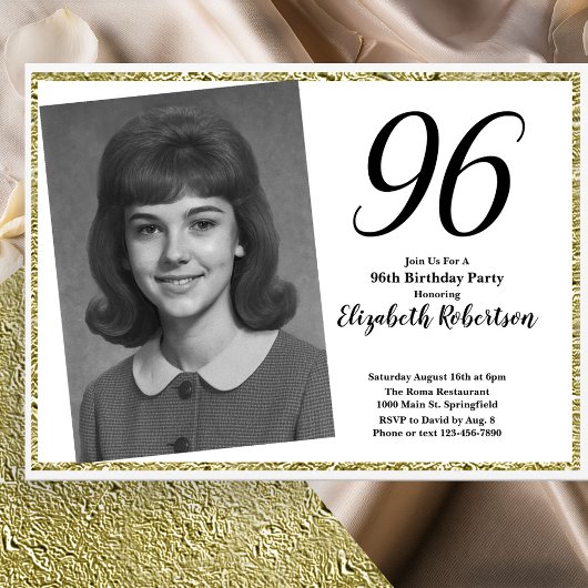 96歳の誕生日フォトギフト 白とゴールド 招待状