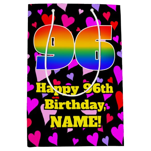 96歳の誕生日：愛情あふれるハート柄、虹 #96 ミディアムペーパーバッグ (正面)
