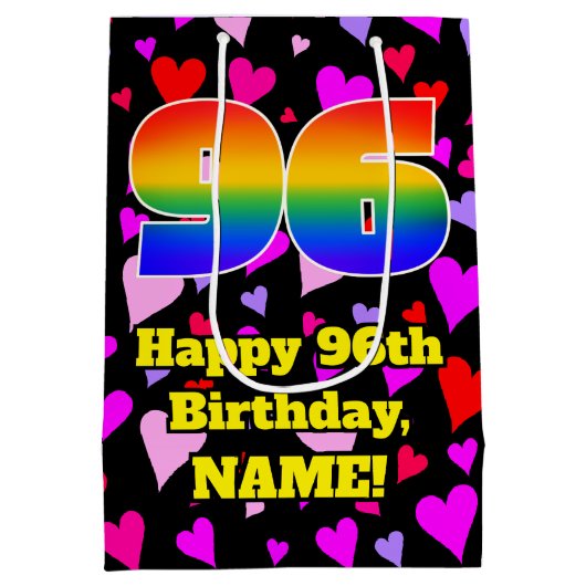 96歳の誕生日：愛情あふれるハート柄、虹 #96 ミディアムペーパーバッグ (裏面)