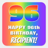96番目の誕生日カラフル:, おもしろいレインボーパターン# 96 スクエアシール (正面)