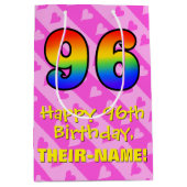 96誕生日:おもしろいピンクのハートストライプ; Rainbow 96 ミディアムペーパーバッグ (正面)
