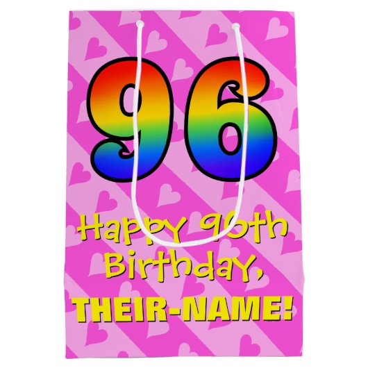 96誕生日:おもしろいピンクのハートストライプ; Rainbow 96 ミディアムペーパーバッグ (裏面)