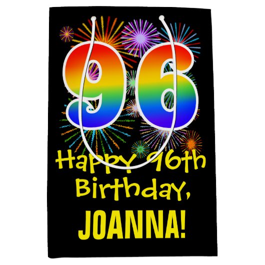 96誕生日:おもしろい花火パターン+虹96 ミディアムペーパーバッグ (正面)