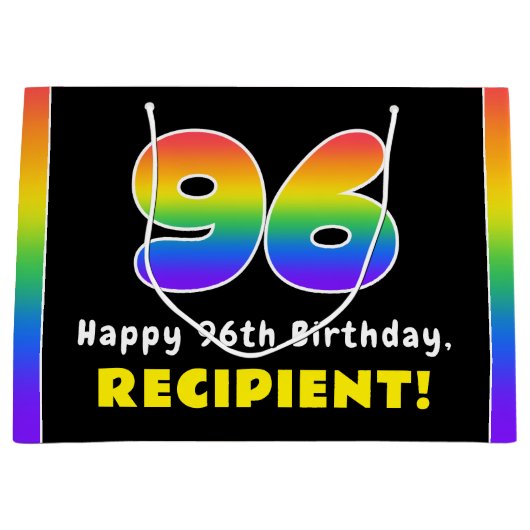 96誕生日:カラフルレインボー# 96,名前をカスタムする ラージペーパーバッグ (正面)