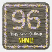 96誕生日:フローラ番号フェイク、木目、名前 スクエアシール (正面)