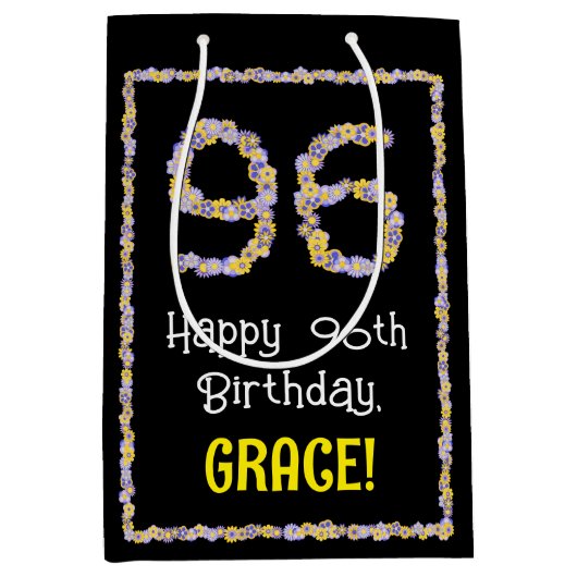 96誕生日:フローラ花数名前をカスタムする ミディアムペーパーバッグ (正面)