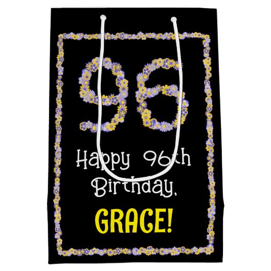 96誕生日:フローラ花数名前をカスタムする ミディアムペーパーバッグ (裏面)