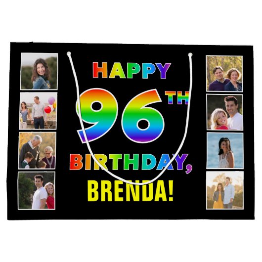 96誕生日：レインボー文字カスタム、写真&名前 ラージペーパーバッグ (裏面)