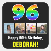 96誕生日: Rainbow "96";写真カスタムと名前 スクエアシール (正面)