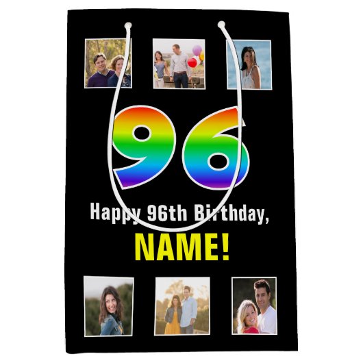 96誕生日: Rainbow "96"，写真カスタムと名前 ミディアムペーパーバッグ (正面)