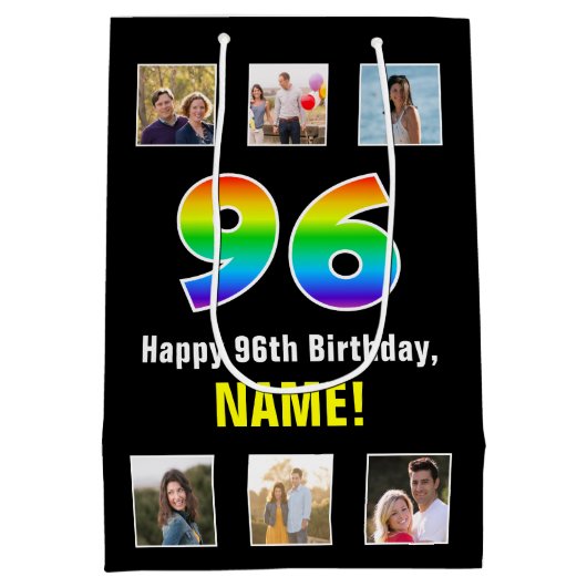 96誕生日: Rainbow "96"，写真カスタムと名前 ミディアムペーパーバッグ (裏面)